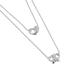 Stříbrný vrstvený náhrdelník  motýl a srdce 80063